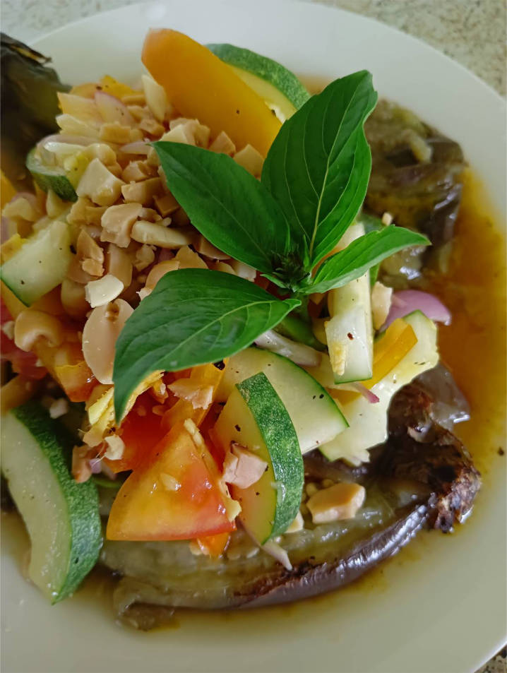 Eggplant salad with cucumber tomato onion ginger and peanut